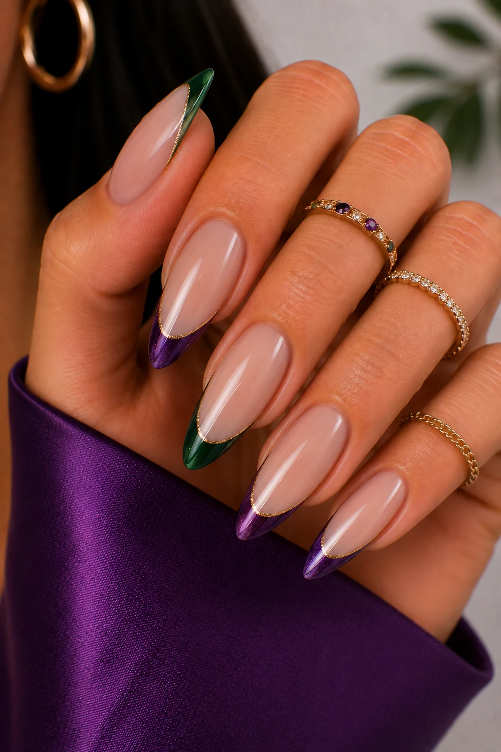Purple and Green French Tip Reinvention — purple and green nail ideas style outfit, worn by a stylish woman