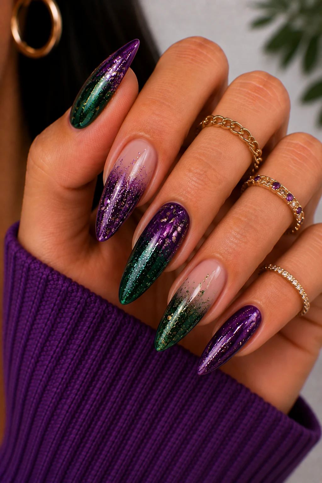 Glittering Jewel-Tone Luxury — purple and green nail ideas style outfit, worn by a stylish woman