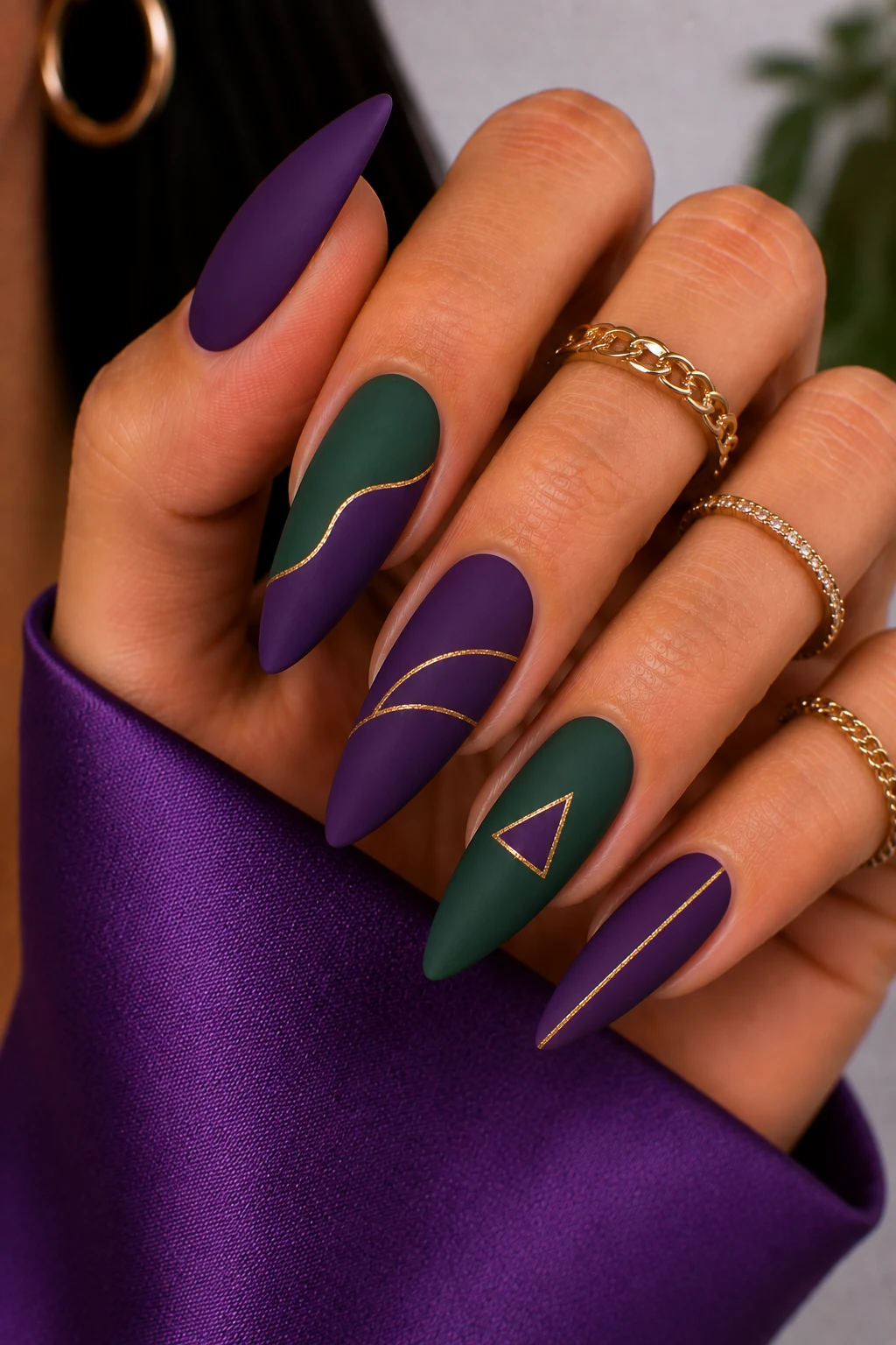 Matte Purple and Green Elegance — purple and green nail ideas style outfit, worn by a stylish woman