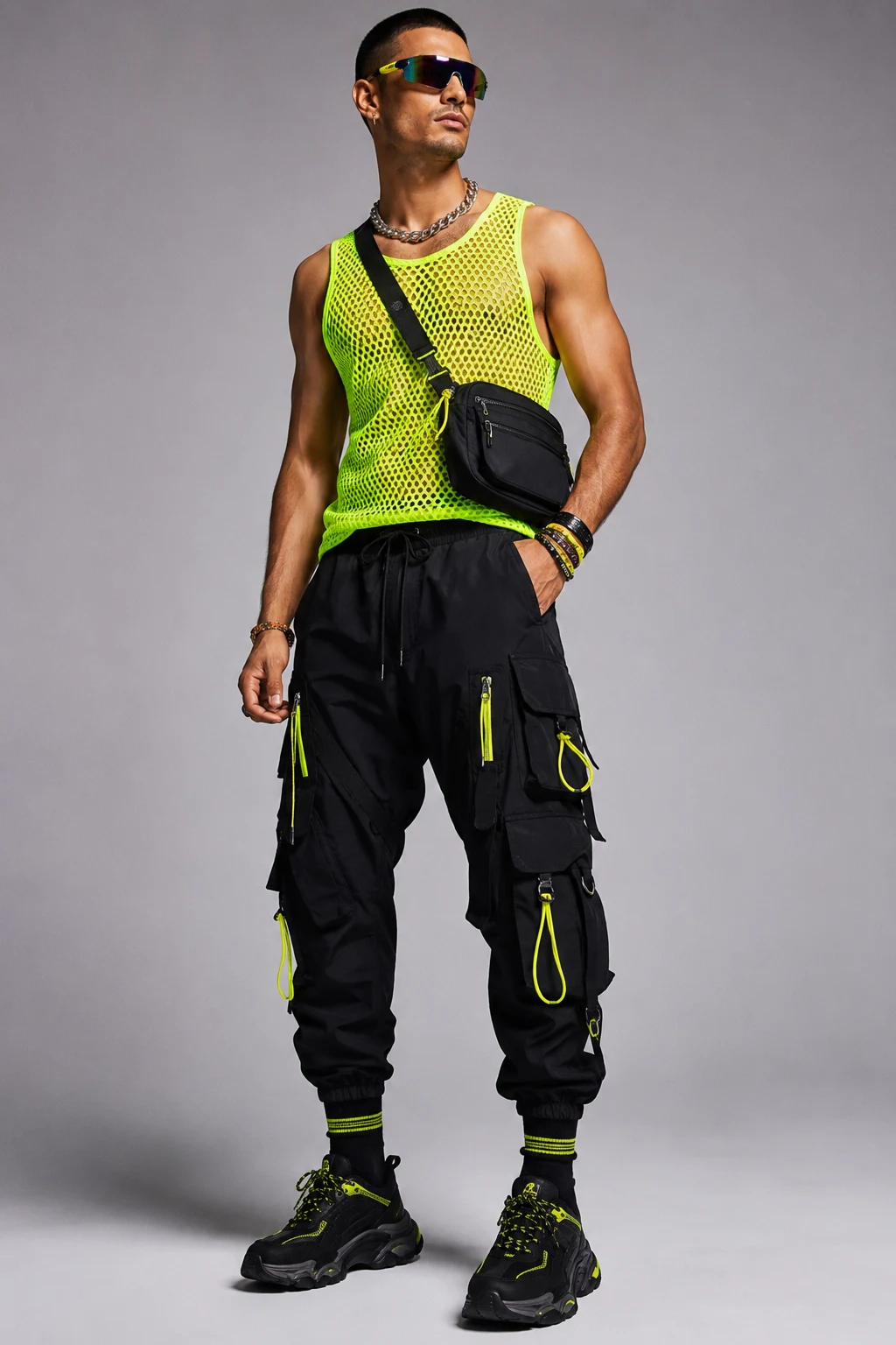 The Neon Utility King — rave outfits men style outfit, worn by a stylish man