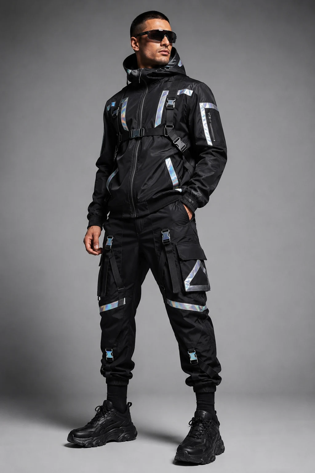 The Futuristic Techwear Raver — rave outfits men style outfit, worn by a stylish man