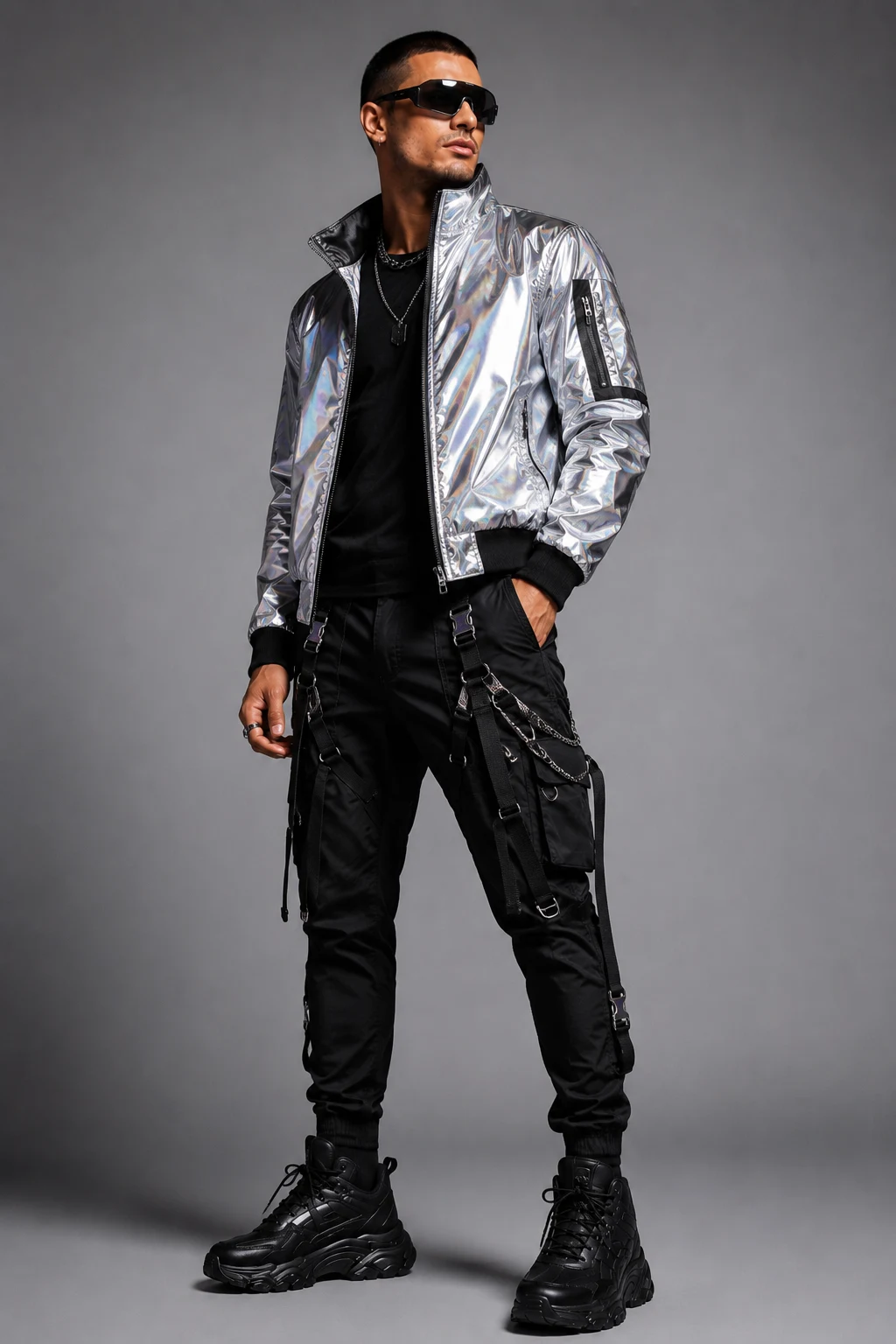 The Cyberpunk Silver Statement — rave outfits men style outfit, worn by a stylish man
