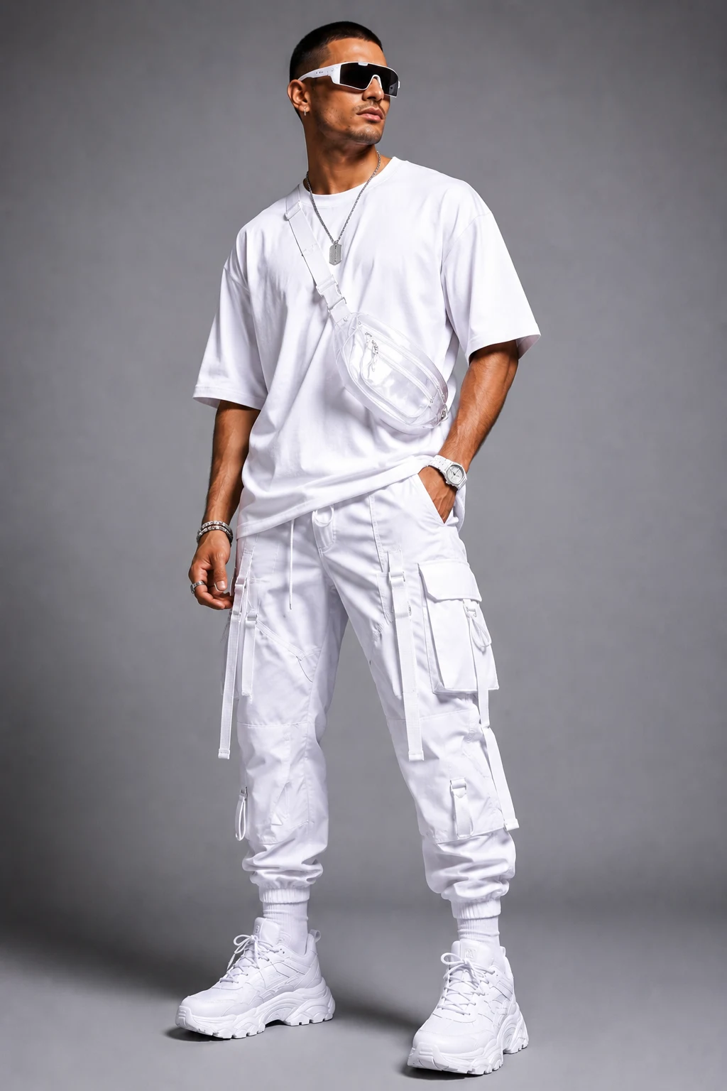 The All-White Glow Party Look — rave outfits men style outfit, worn by a stylish man