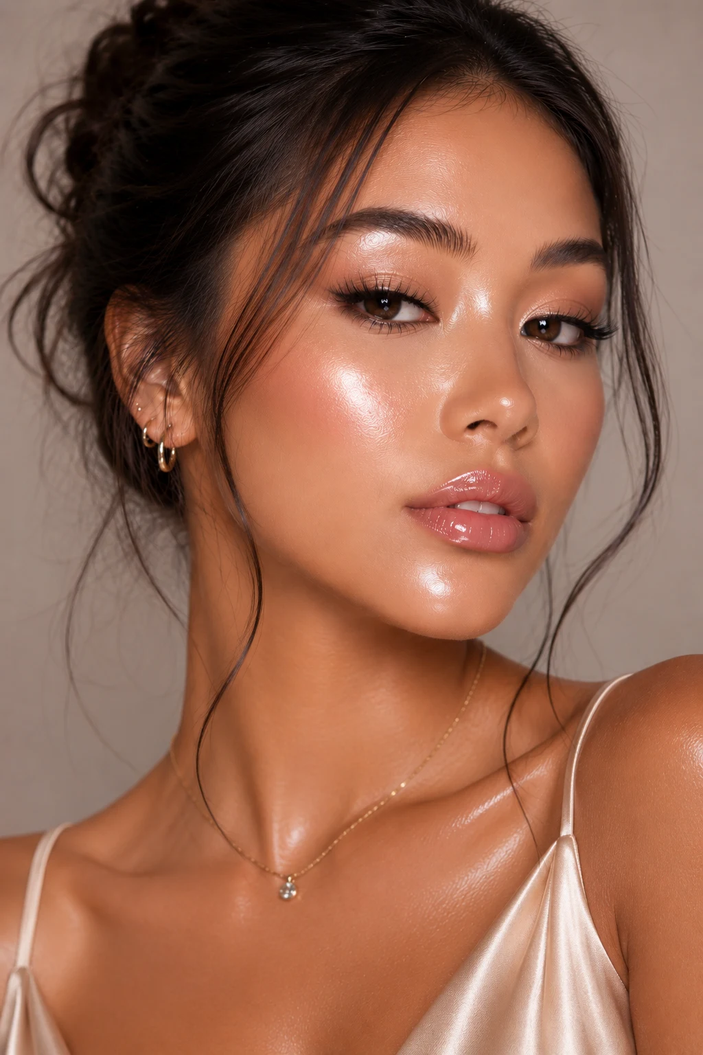 Glossy Doll Skin Glam — soft baddie makeup style outfit