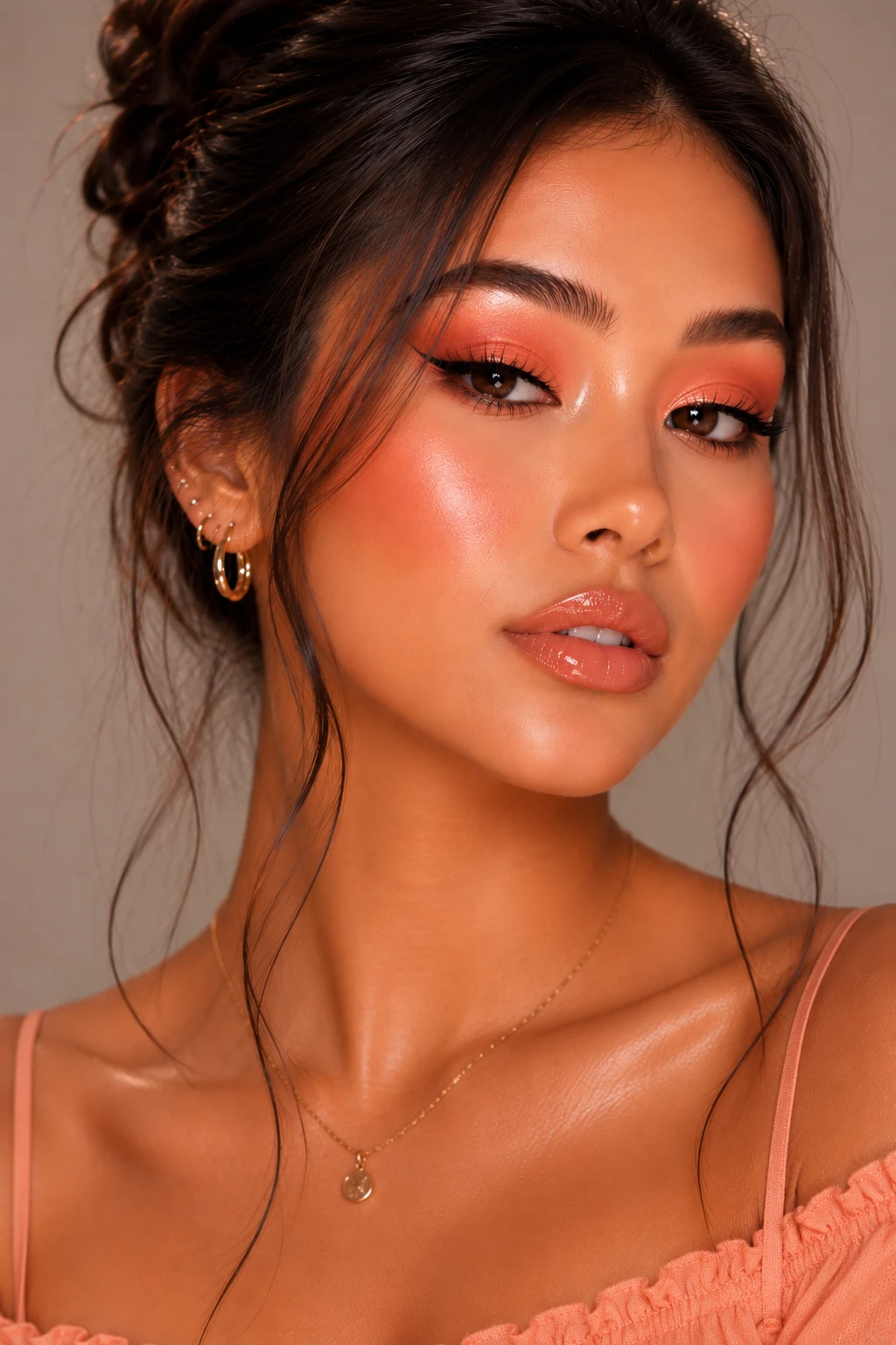 Peachy Sunset Glow — soft baddie makeup style outfit