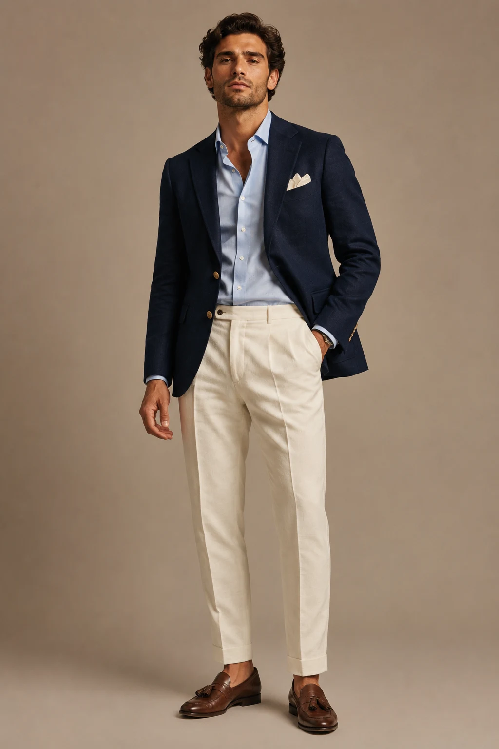 The Navy Blazer and Cream Trouser Combo — summer birthday outfits men style outfit, worn by a stylish man
