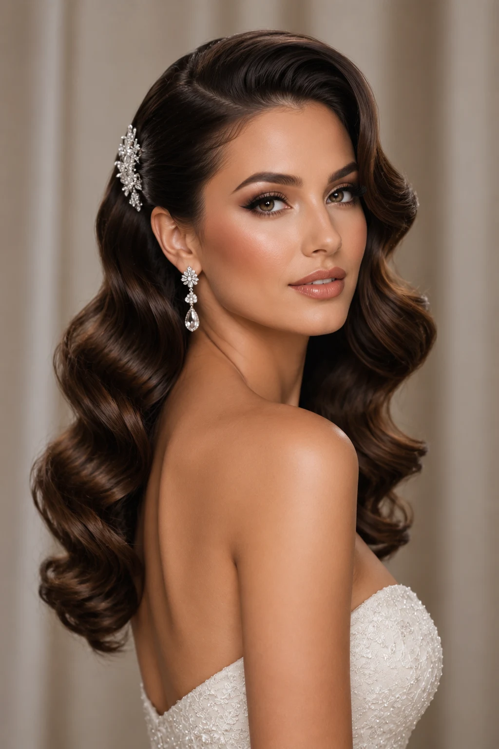 Timeless Hollywood Glam Bride — wedding hair and makeup style outfit, worn by a stylish woman