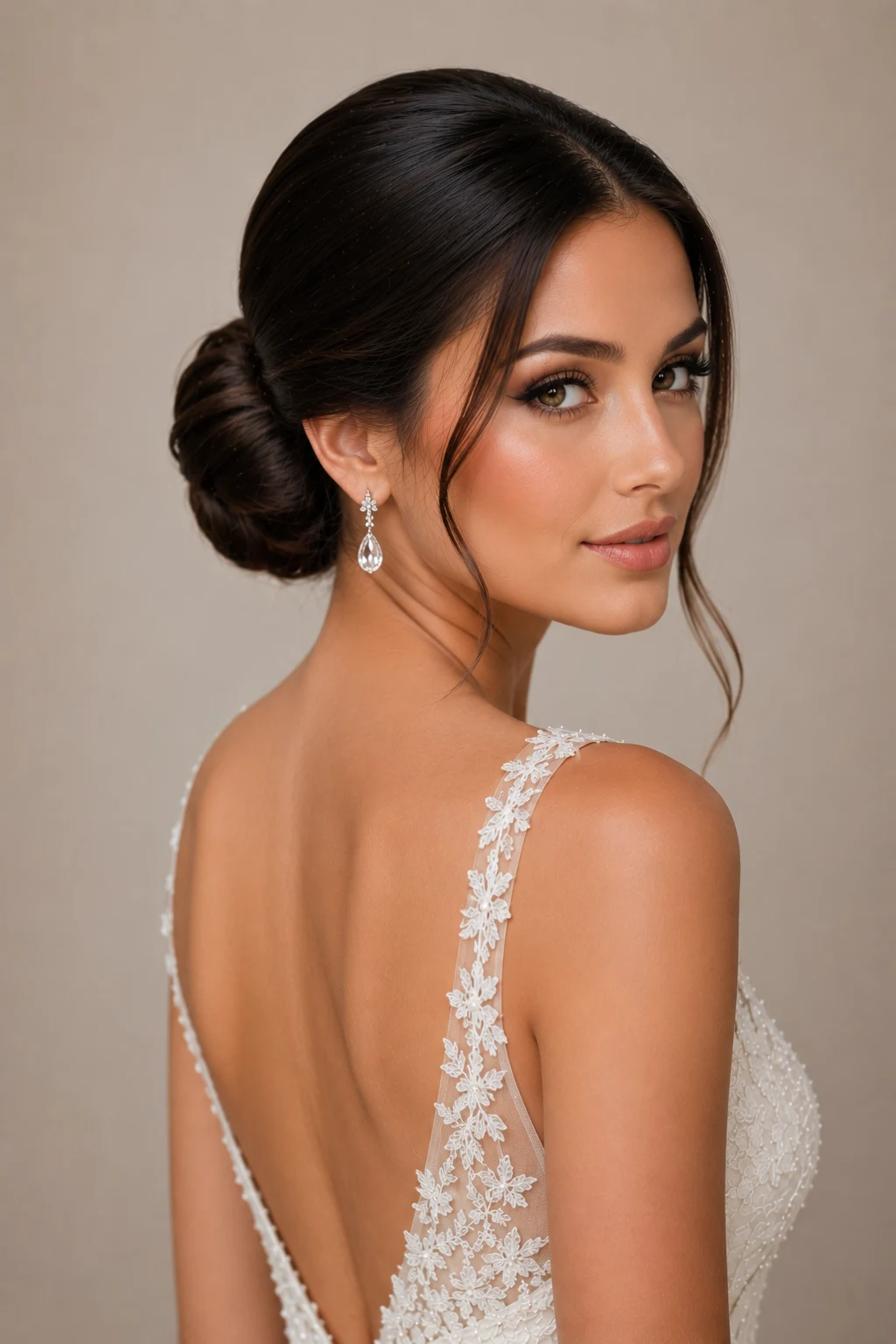 Sleek Bridal Bun and Soft Glam Makeup — wedding hair and makeup style outfit, worn by a stylish woman