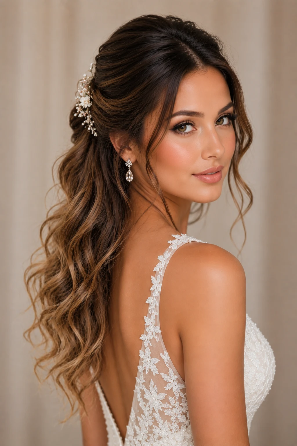 Half-Up Romance Wedding Hair and Makeup — wedding hair and makeup style outfit, worn by a stylish woman