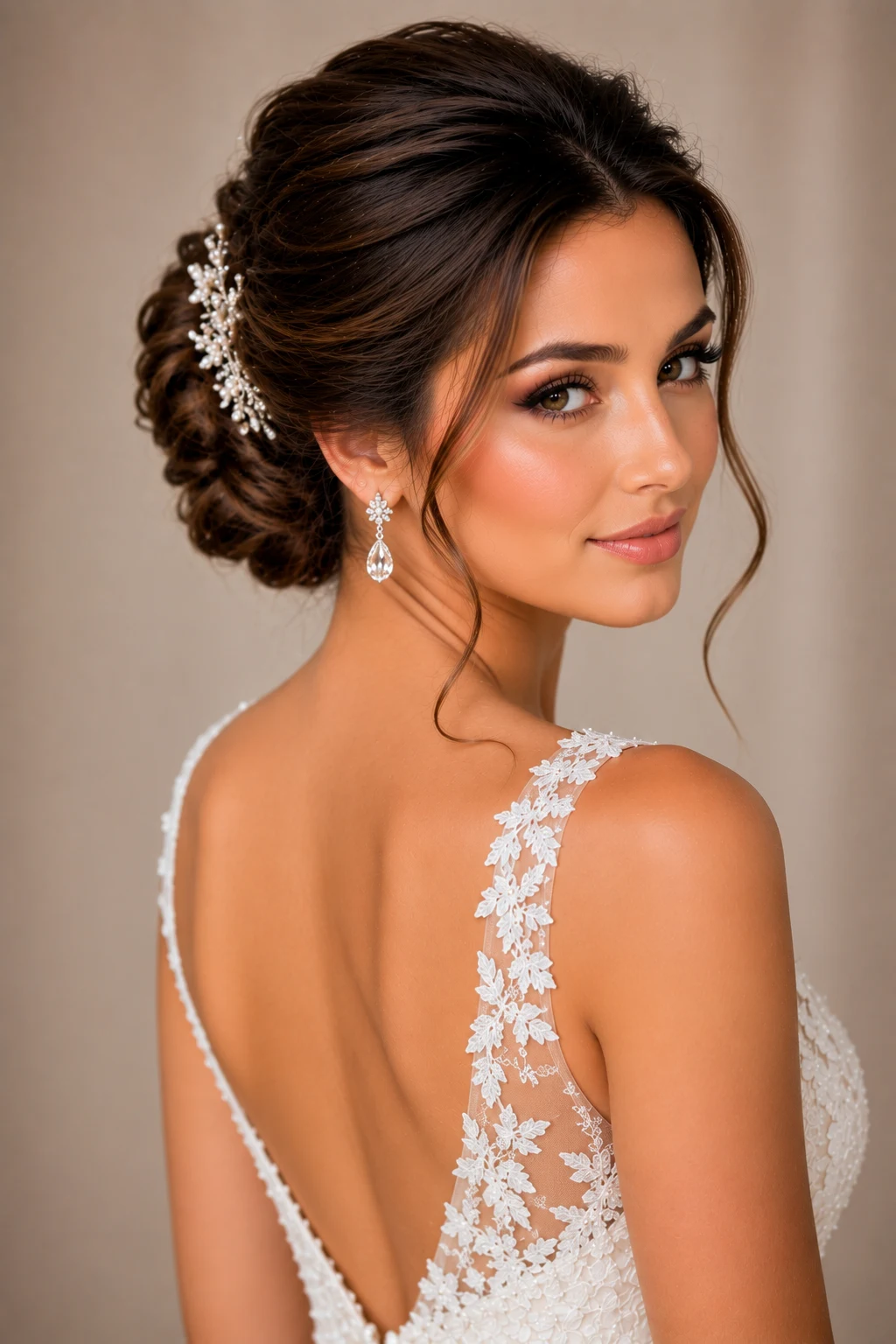 Classic Updo with Timeless Bridal Makeup — wedding hair and makeup style outfit, worn by a stylish woman