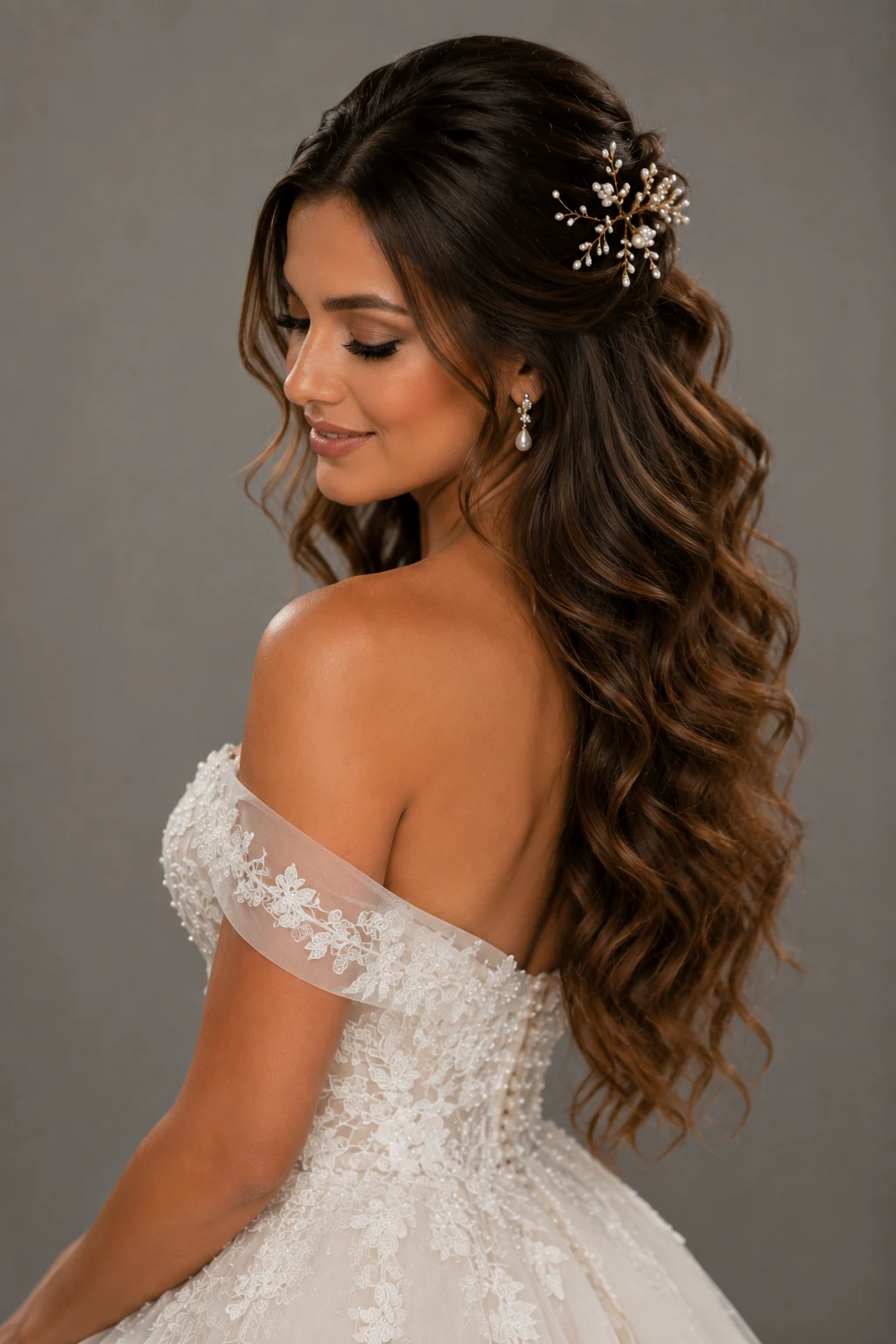 Half-Up Wedding Hair Down with Pearl Accents — wedding hair down style outfit, worn by a stylish woman