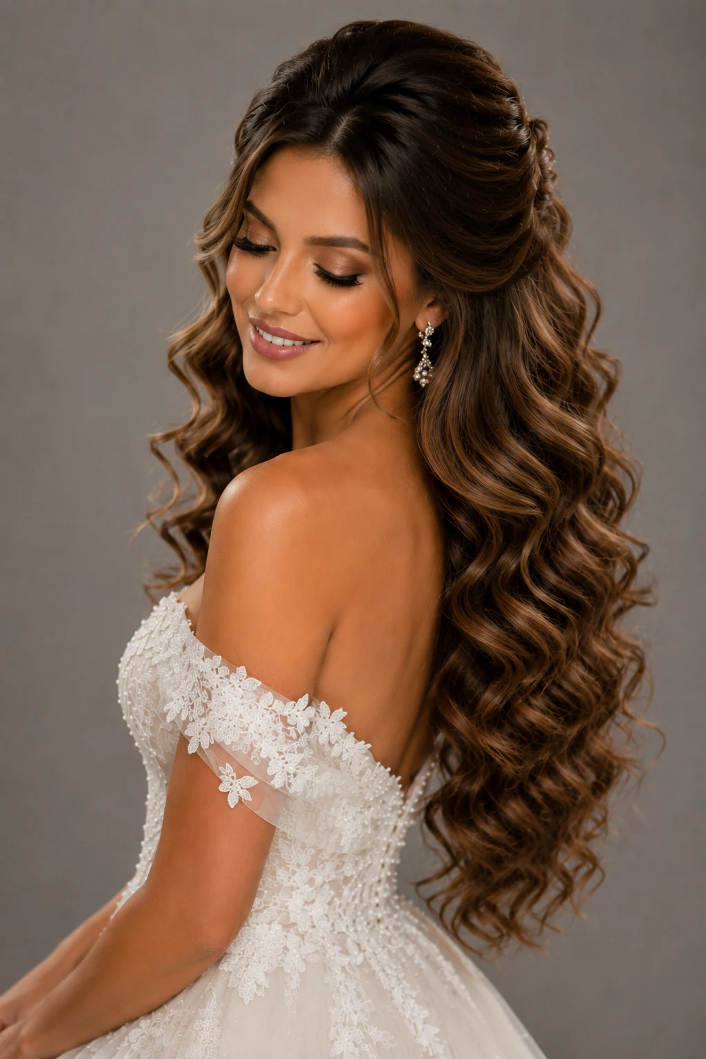 Wedding Hair Down with Voluminous Curls — wedding hair down style outfit, worn by a stylish woman