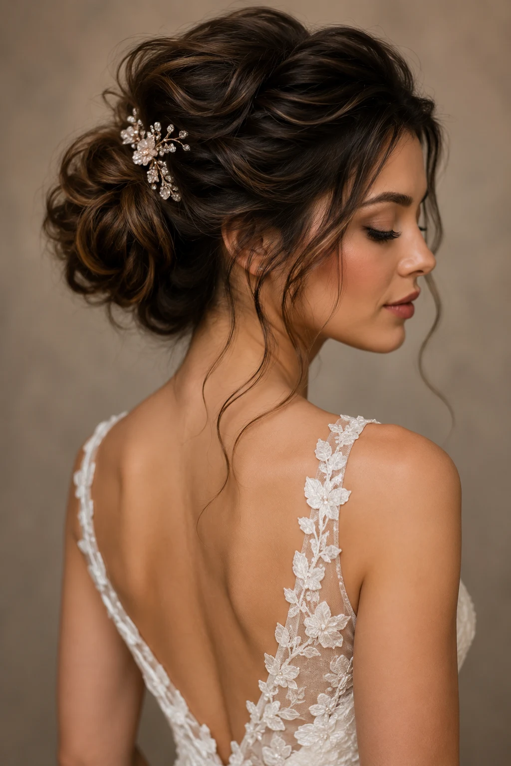 Use exact phrase "wedding hair updo" in the FIRST sentence. — wedding hair updo style outfit, worn by a stylish woman