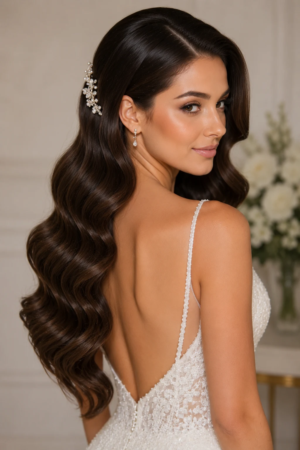 Sleek Hollywood Waves for Naturally Straight Hair — wedding hairstyles for long hair by hair pattern style outfit, worn by a stylish woman