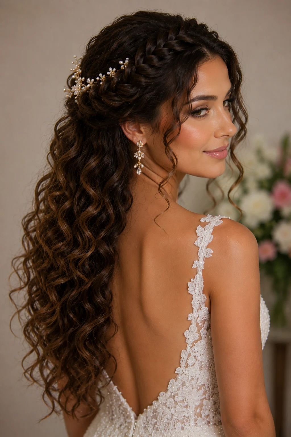 Cascading Curly Crown Beauty — wedding hairstyles for long hair by hair pattern style outfit, worn by a stylish woman