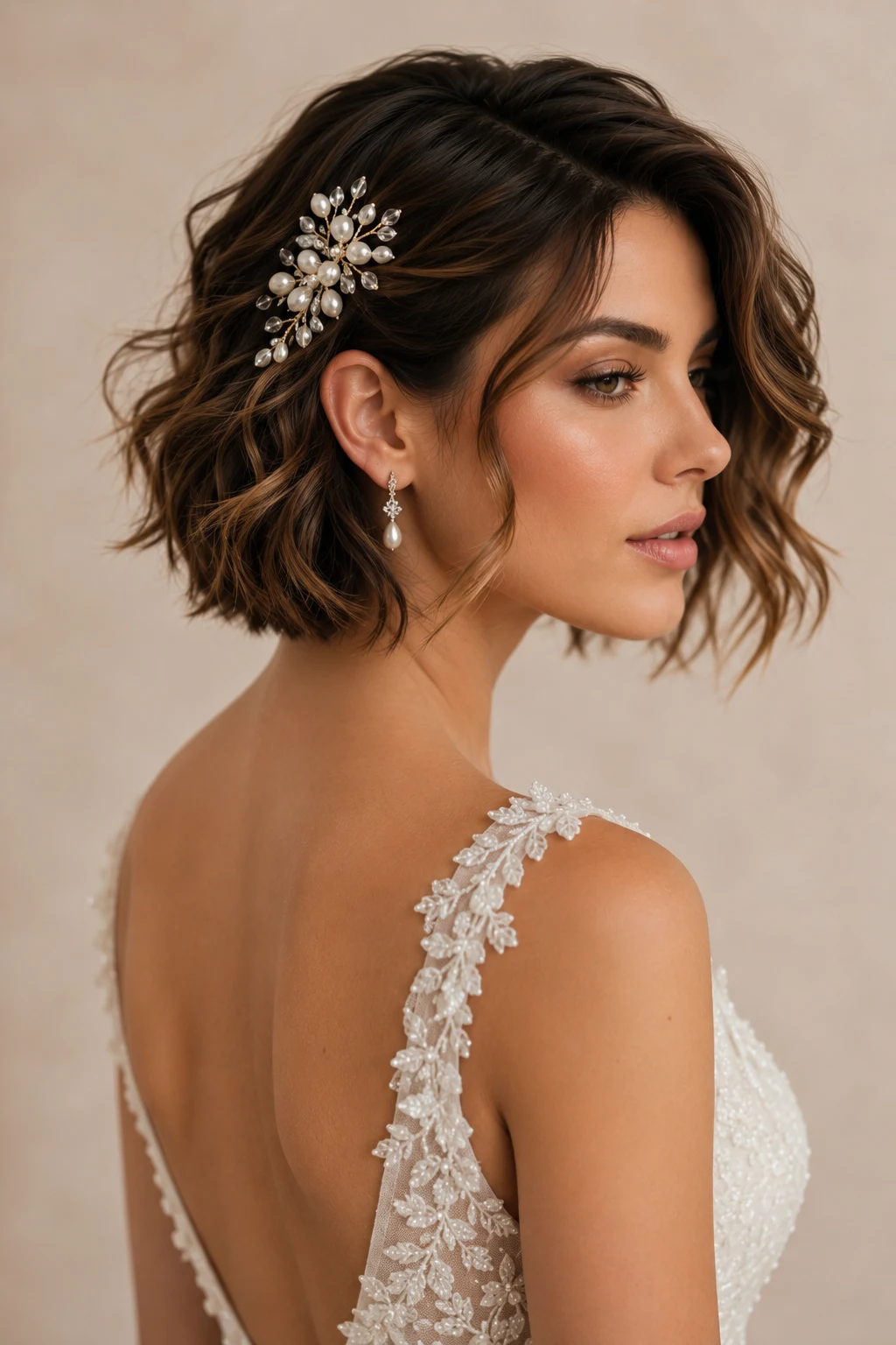Romantic Textured Bob Waves — wedding hairstyles for short hair style outfit, worn by a stylish woman