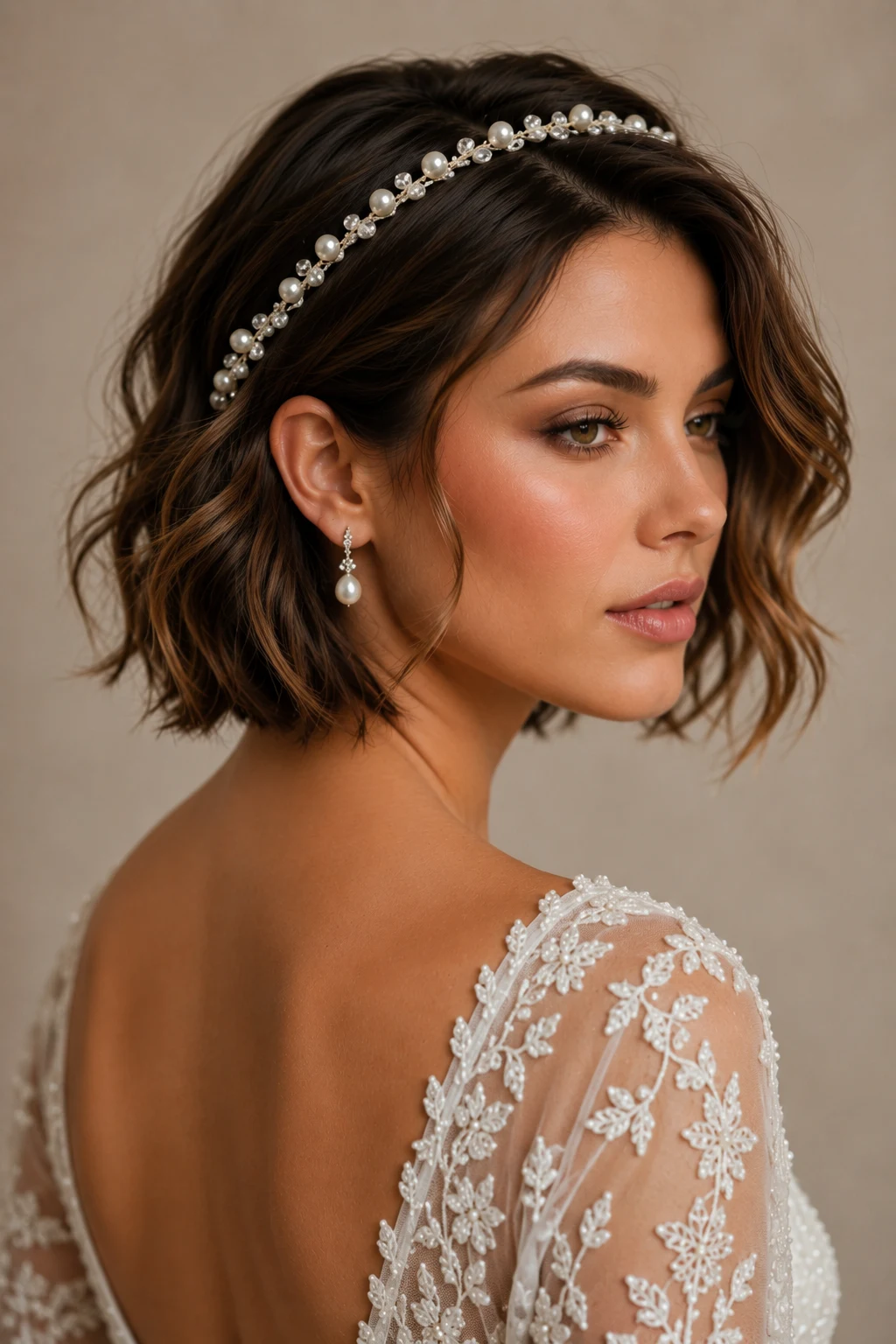 Elegant Wedding Hairstyles for Short Hair With a Pearl Headband — wedding hairstyles for short hair style outfit, worn by a stylish woman