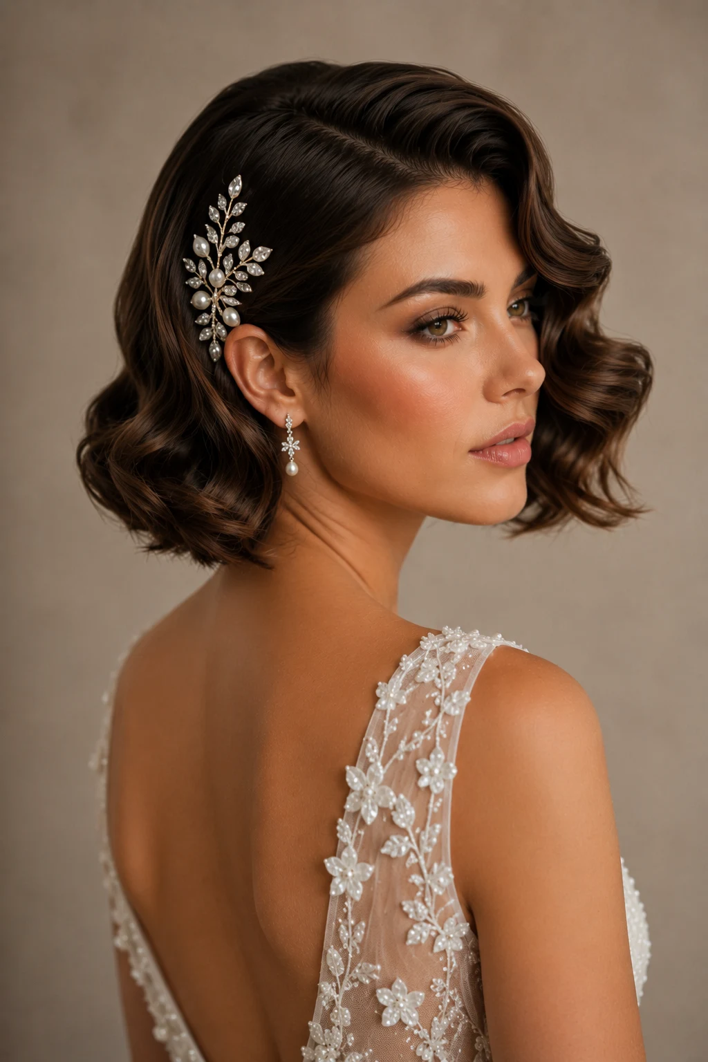 Vintage Hollywood Waves — wedding hairstyles for short hair style outfit, worn by a stylish woman