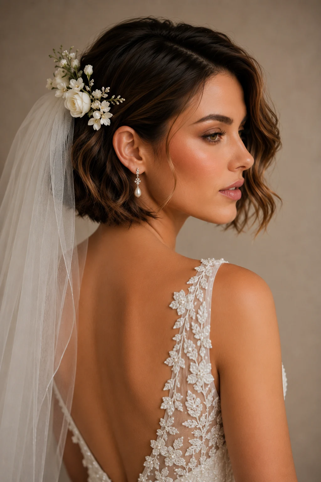 Wedding Hairstyles for Short Hair With a Veil and Floral Accent — wedding hairstyles for short hair style outfit, worn by a stylish woman