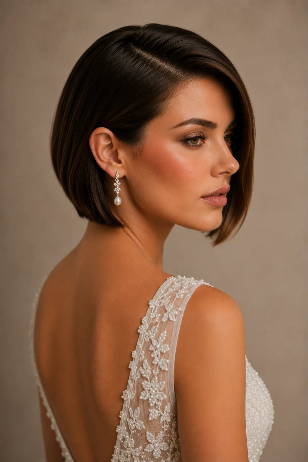 Sleek Side-Part Bridal Bob — wedding hairstyles for short hair style outfit, worn by a stylish woman