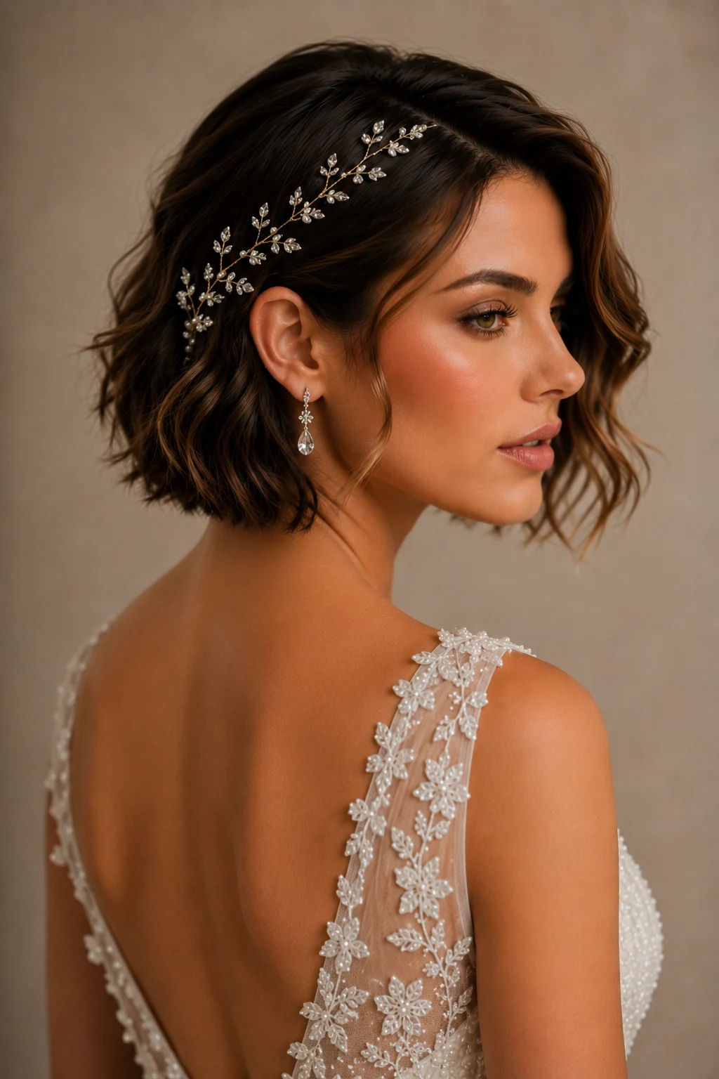 Wedding Hairstyles for Short Hair Featuring a Sparkling Hair Vine — wedding hairstyles for short hair style outfit, worn by a stylish woman