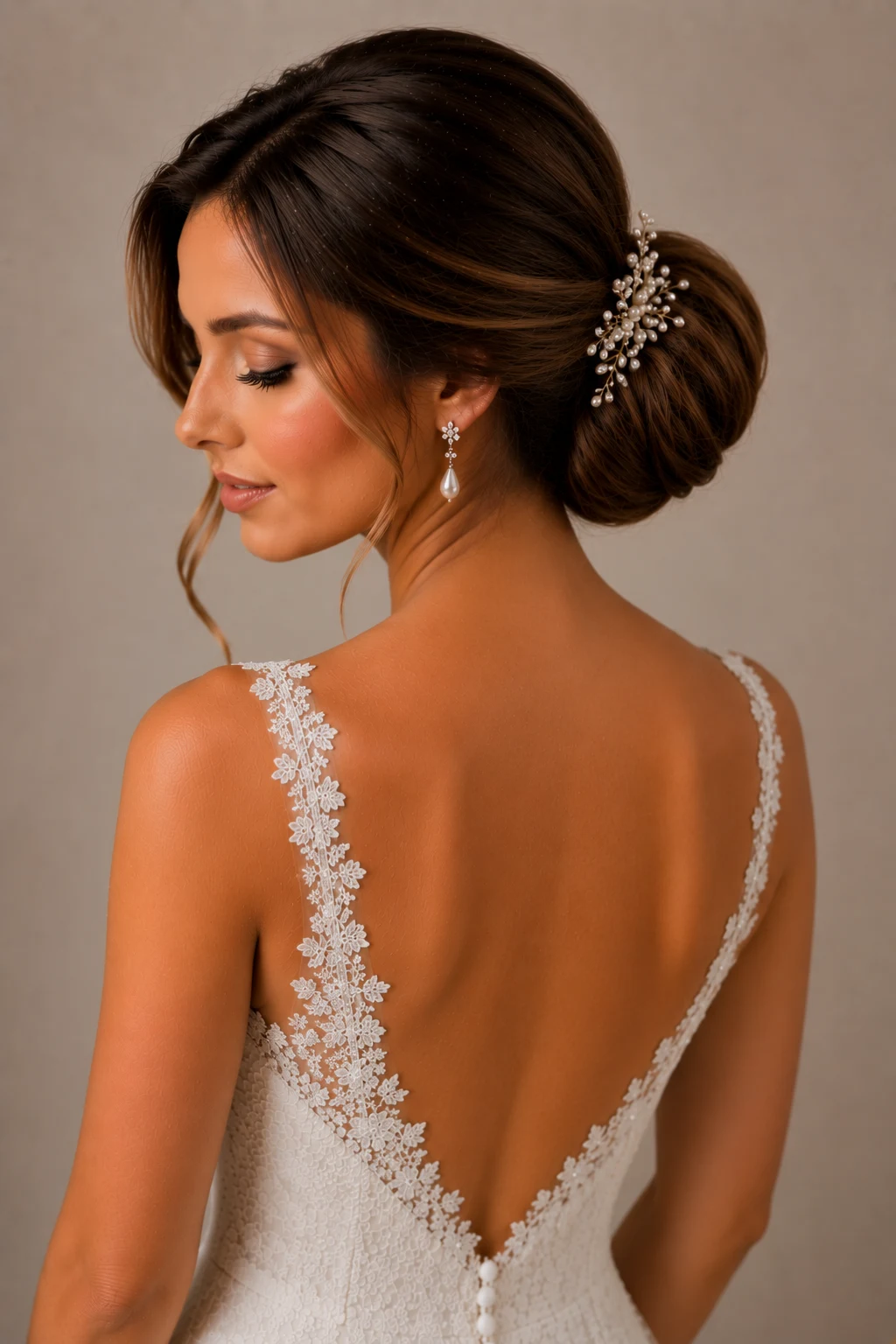 Classic Bridal Chignon — wedding hairstyles updo style outfit, worn by a stylish woman