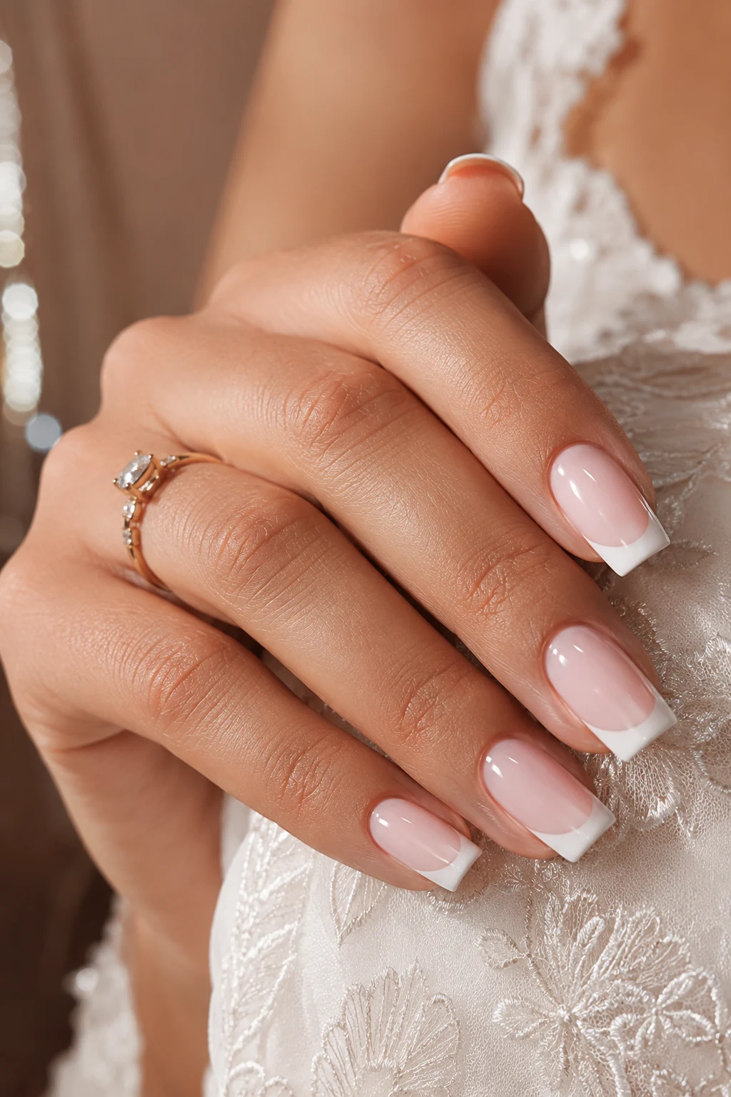 INTRO — wedding nails for bride classy bridal french square style outfit, worn by a stylish woman