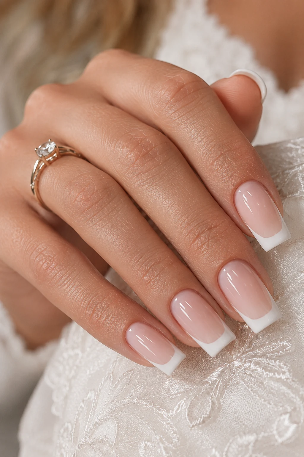 Timeless Milky White French Square Elegance — wedding nails for bride classy bridal french square style outfit, worn by a stylish woman