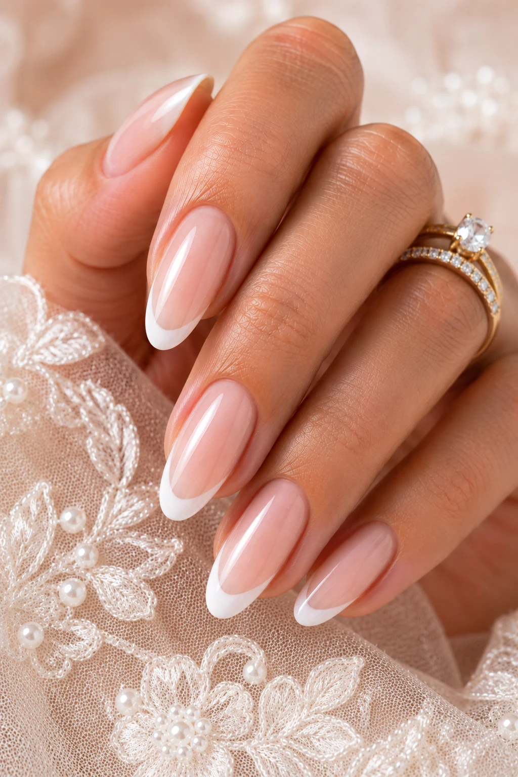 Timeless French Bridal Elegance — Wedding nails for bride classy bridal style outfit, worn by a stylish woman