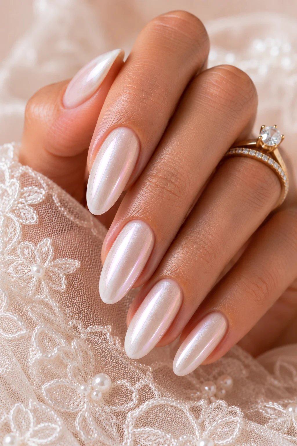 Pearlescent Bridal Glow — Wedding nails for bride classy bridal style outfit, worn by a stylish woman