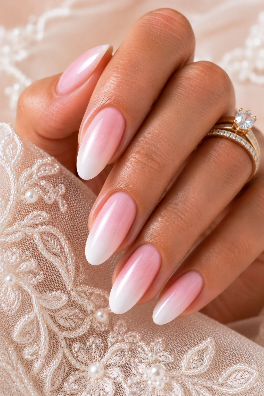 Soft Blush Ombre Perfection — Wedding nails for bride classy bridal style outfit, worn by a stylish woman
