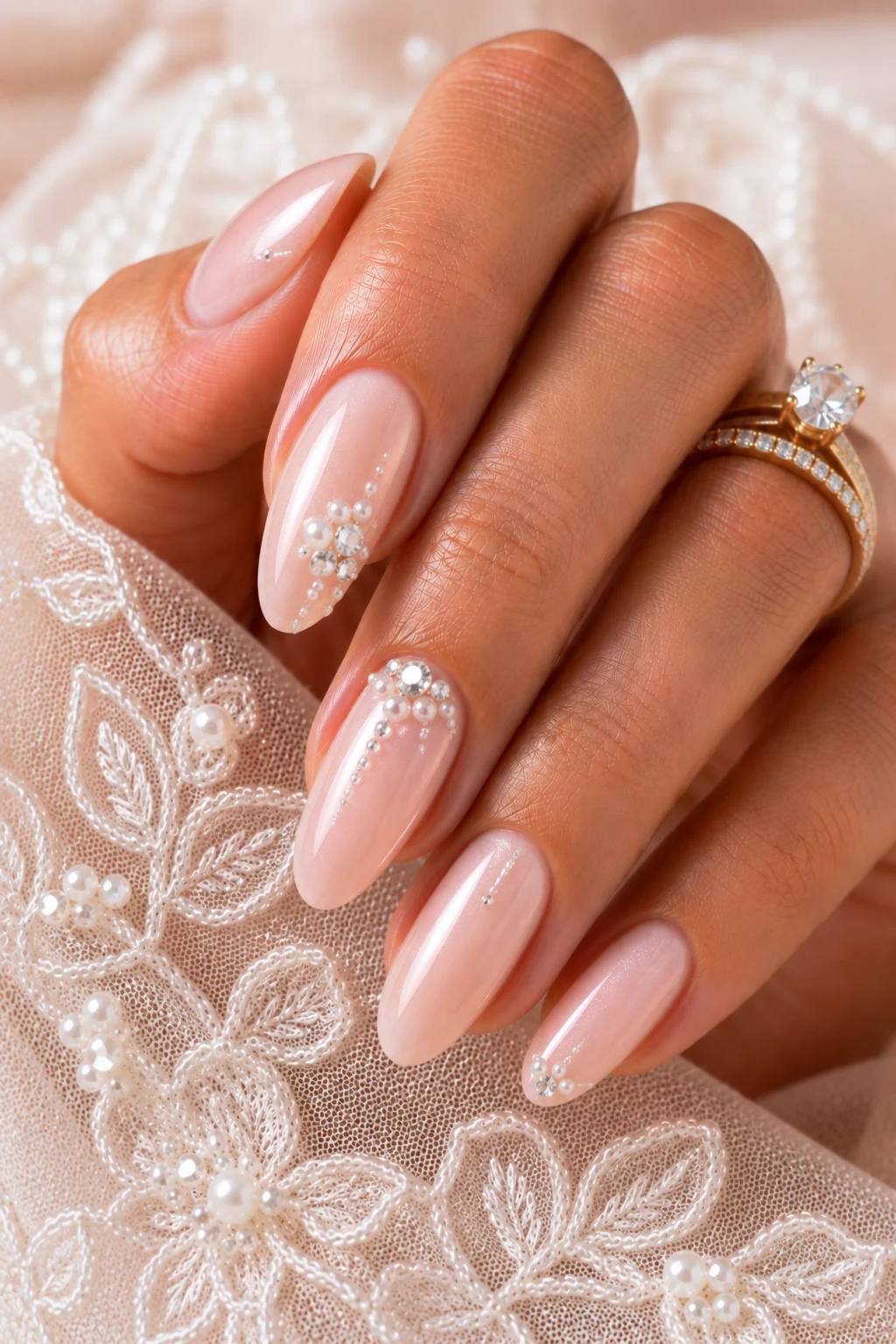 Crystal and Pearl Accent Glamour — Wedding nails for bride classy bridal style outfit, worn by a stylish woman