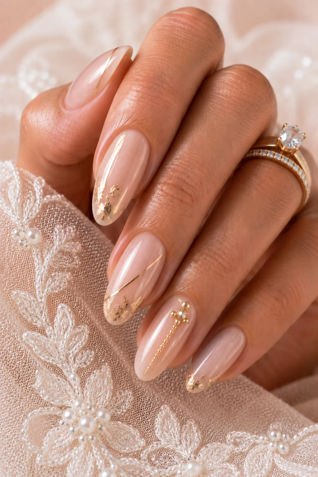 Nude and Gold Luxury Wedding Nails for Bride Classy Bridal — Wedding nails for bride classy bridal style outfit, worn by a stylish woman