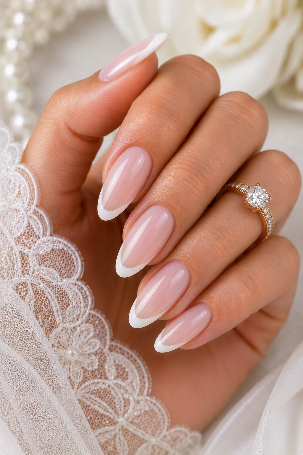 Timeless French Tip Romance — wedding nails for bride style outfit, worn by a stylish woman