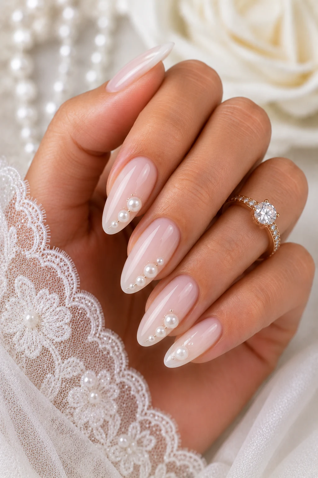 Pearl-Embellished Bridal Beauty — wedding nails for bride style outfit, worn by a stylish woman