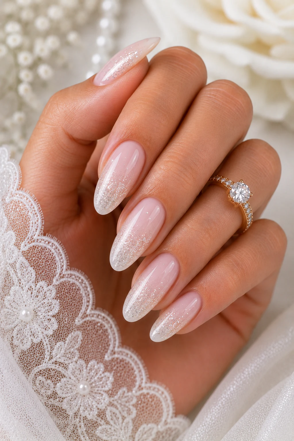 Wedding Nails for Bride With Soft Glitter Glam — wedding nails for bride style outfit, worn by a stylish woman
