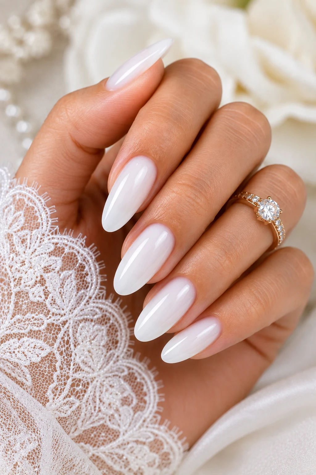 Milky White Bridal Perfection — wedding nails for bride style outfit, worn by a stylish woman