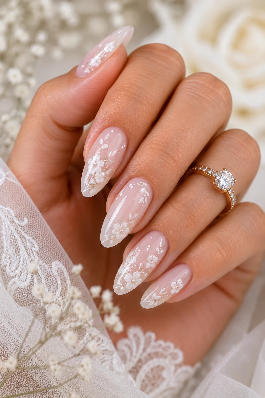 Wedding Nails for Bride With Delicate Floral Art — wedding nails for bride style outfit, worn by a stylish woman