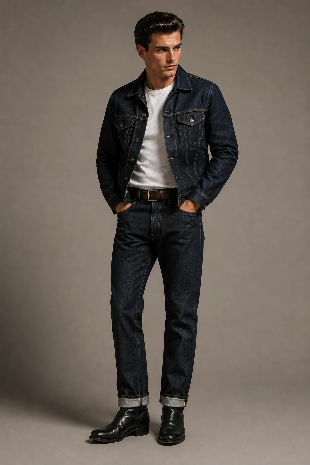 The Greaser Denim Combo Everyone Recognizes — 1950s outfits men style outfit, worn by a stylish man