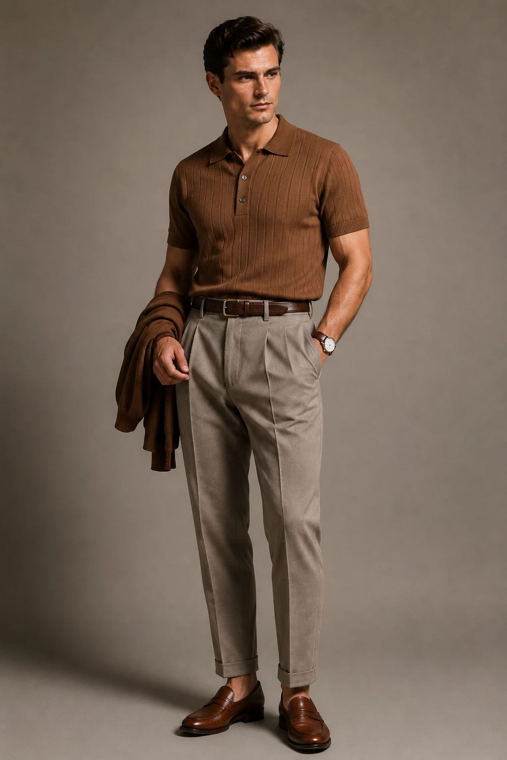 The Gentleman Knit Polo Upgrade — 1950s outfits men style outfit, worn by a stylish man
