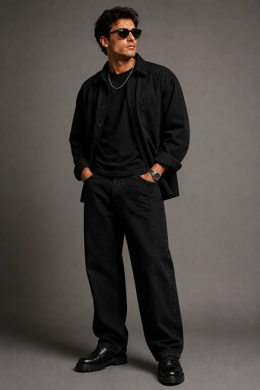 The Monochrome Black Minimalist — 90s outfit men style outfit, worn by a stylish man