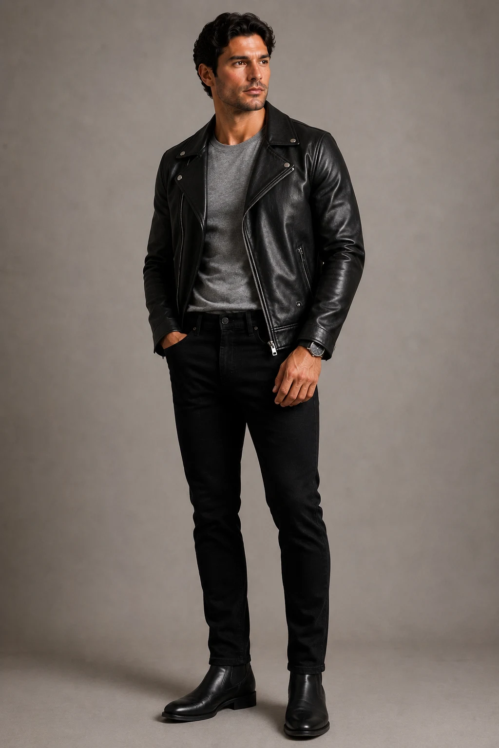 The Leather Jacket Confidence Boost — black jeans outfit men style outfit, worn by a stylish man