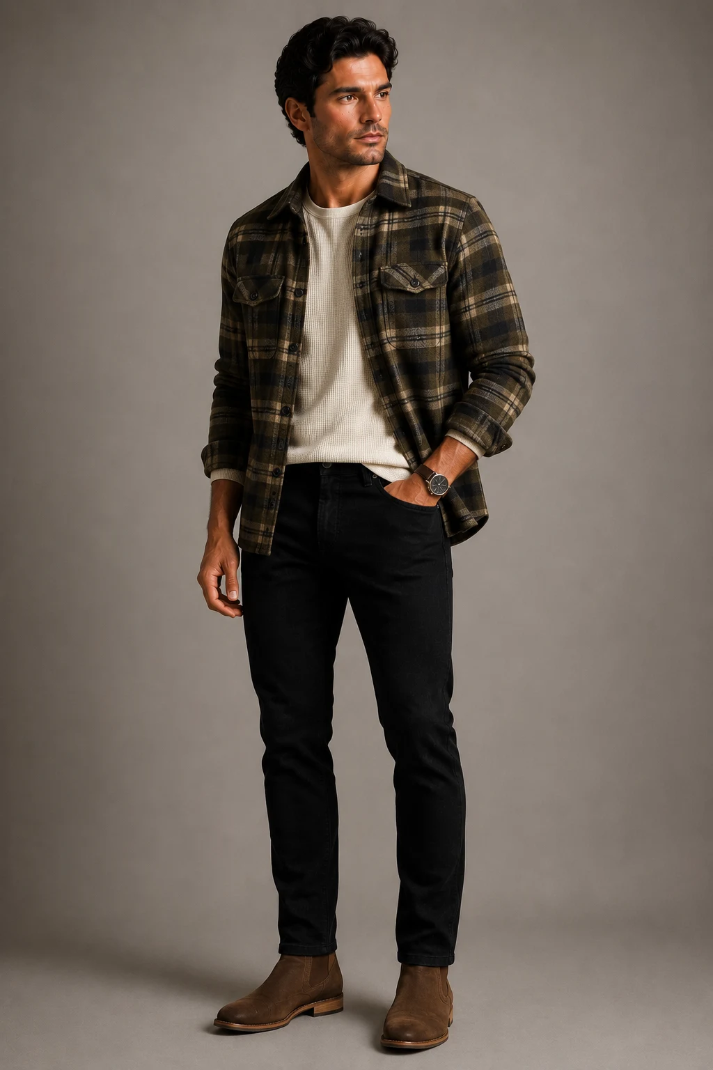 The Cozy Overshirt Weekend Winner — black jeans outfit men style outfit, worn by a stylish man