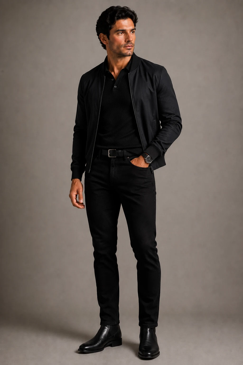 The Black Knit Polo Power Move — black jeans outfit men style outfit, worn by a stylish man