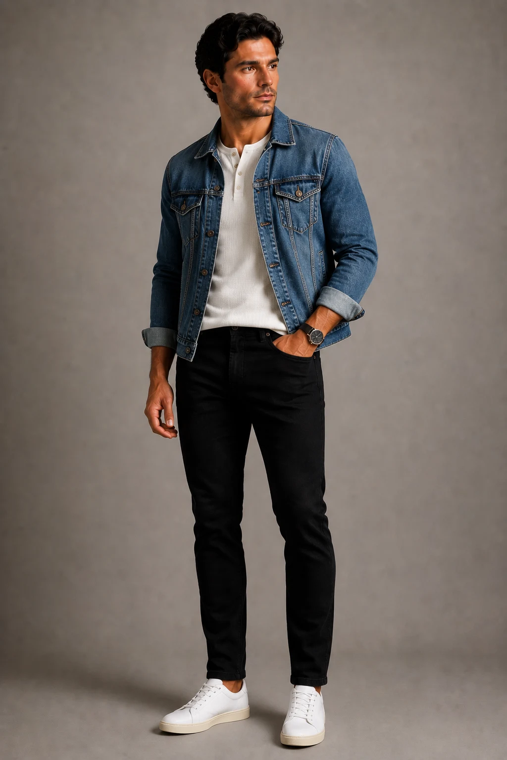 The Denim-on-Denim Upgrade — black jeans outfit men style outfit, worn by a stylish man