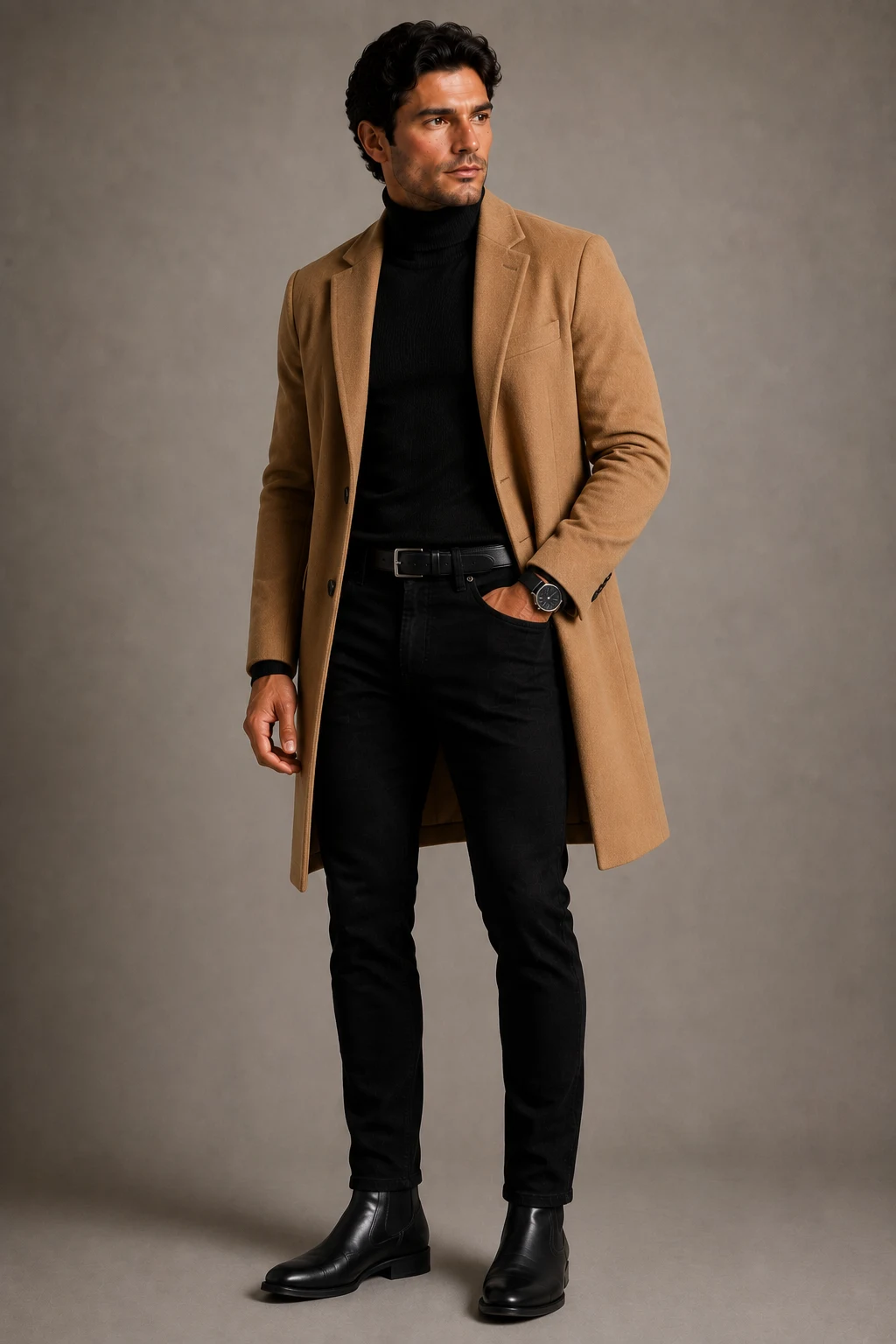 The Camel Coat City Look — black jeans outfit men style outfit, worn by a stylish man