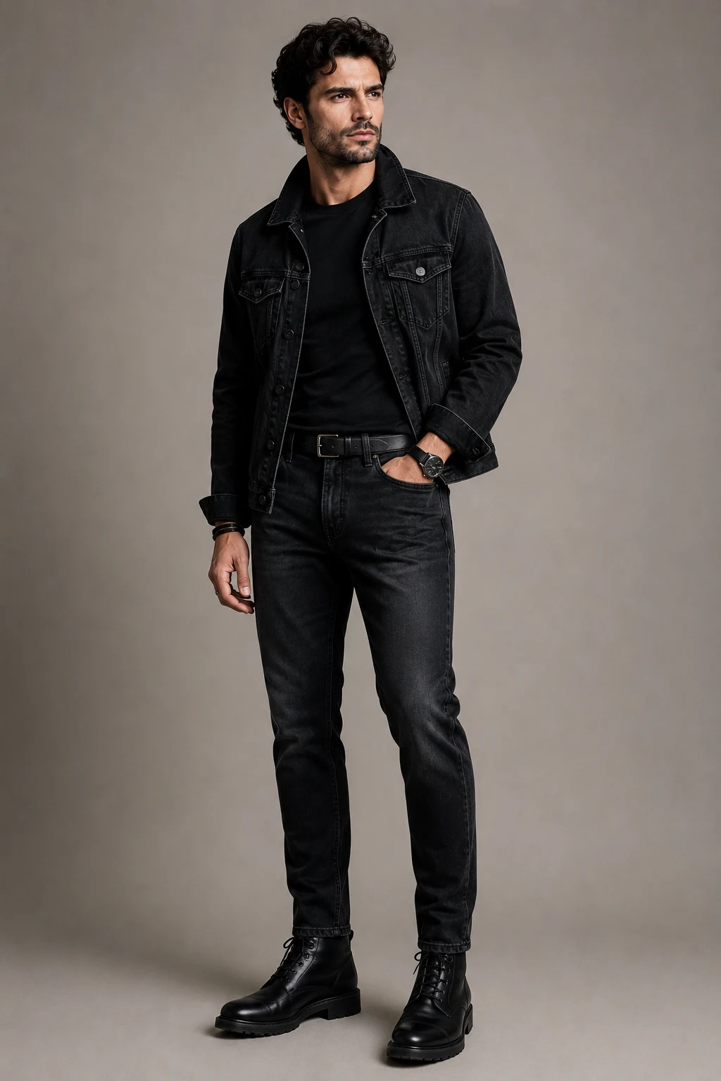 The Monochrome Denim Upgrade — black outfit men style outfit, worn by a stylish man