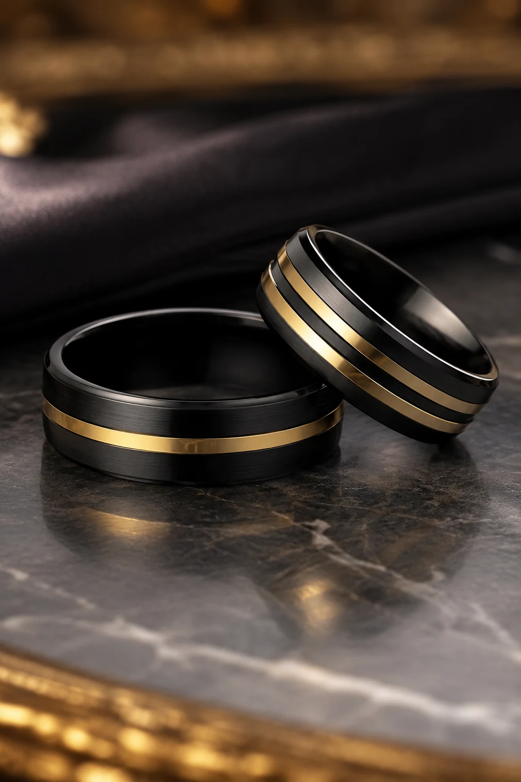 Black Wedding Rings with Gold Inlays — black wedding rings style outfit