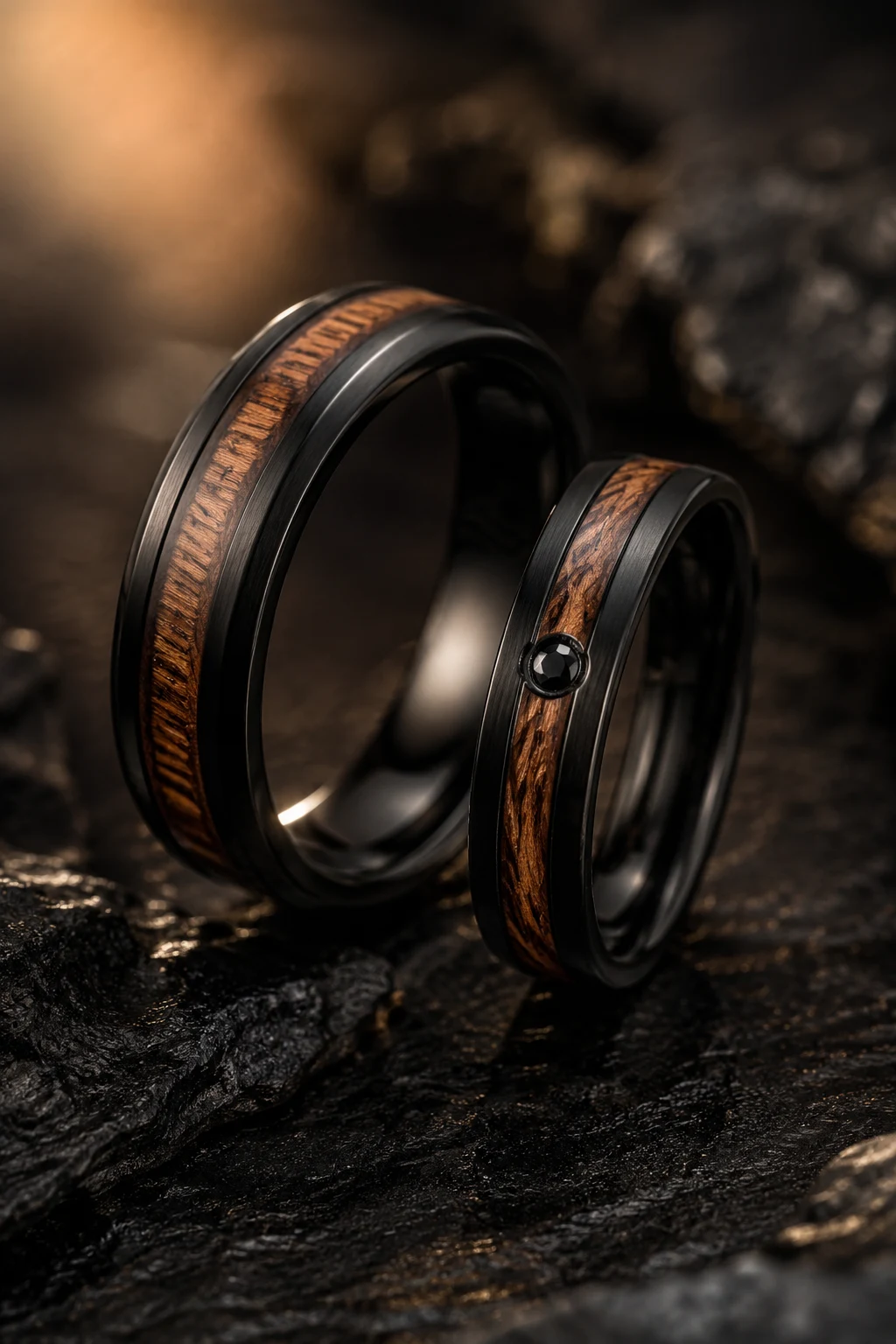Black Wedding Rings with Wood Inlays — black wedding rings style outfit