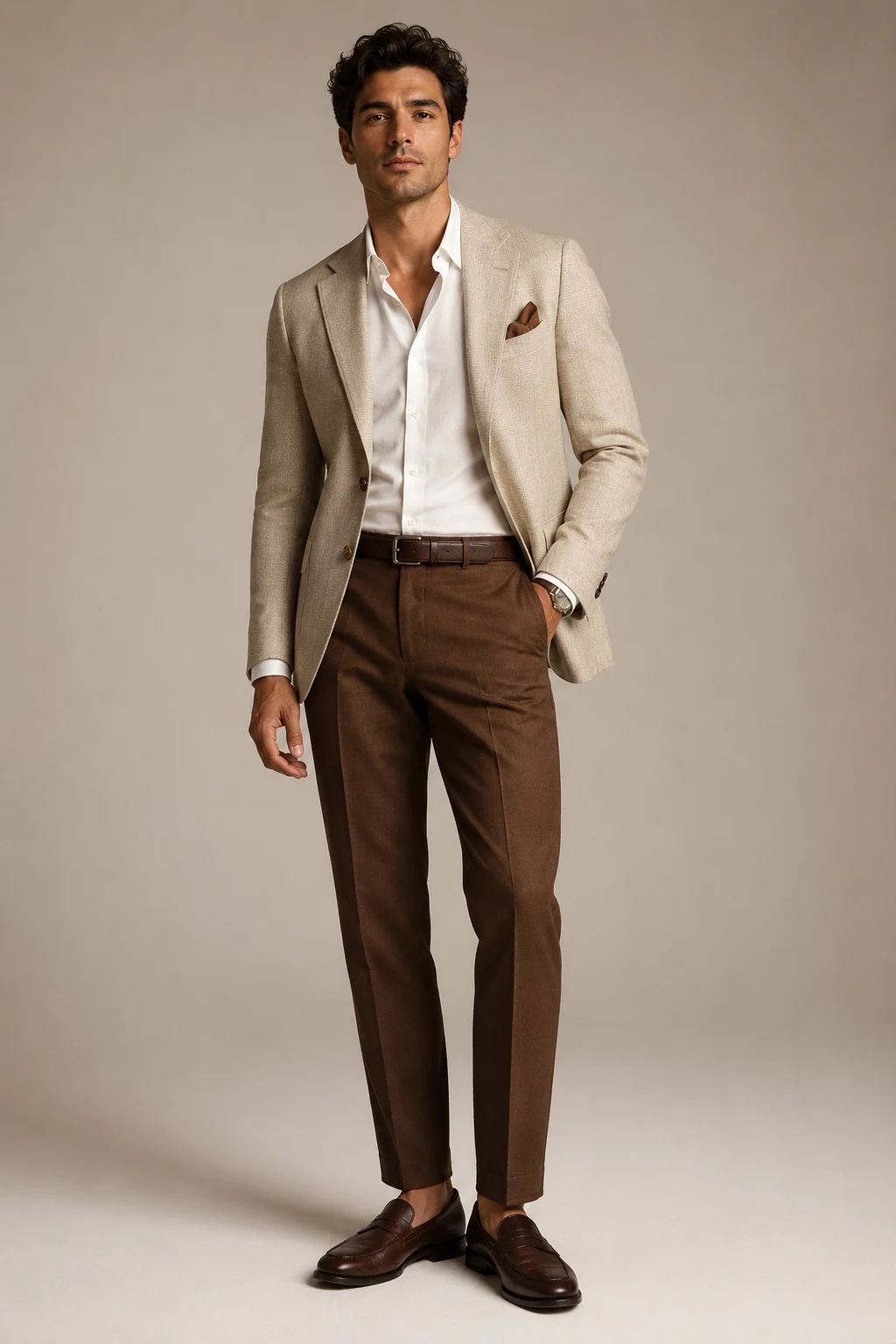 The Sharp Relaxed Blazer That Always Lands — brown pants outfit men style outfit, worn by a stylish man